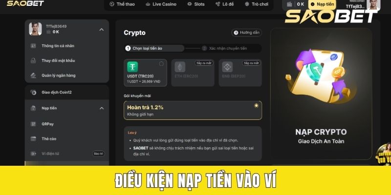 Điều kiện nạp tiền vào ví